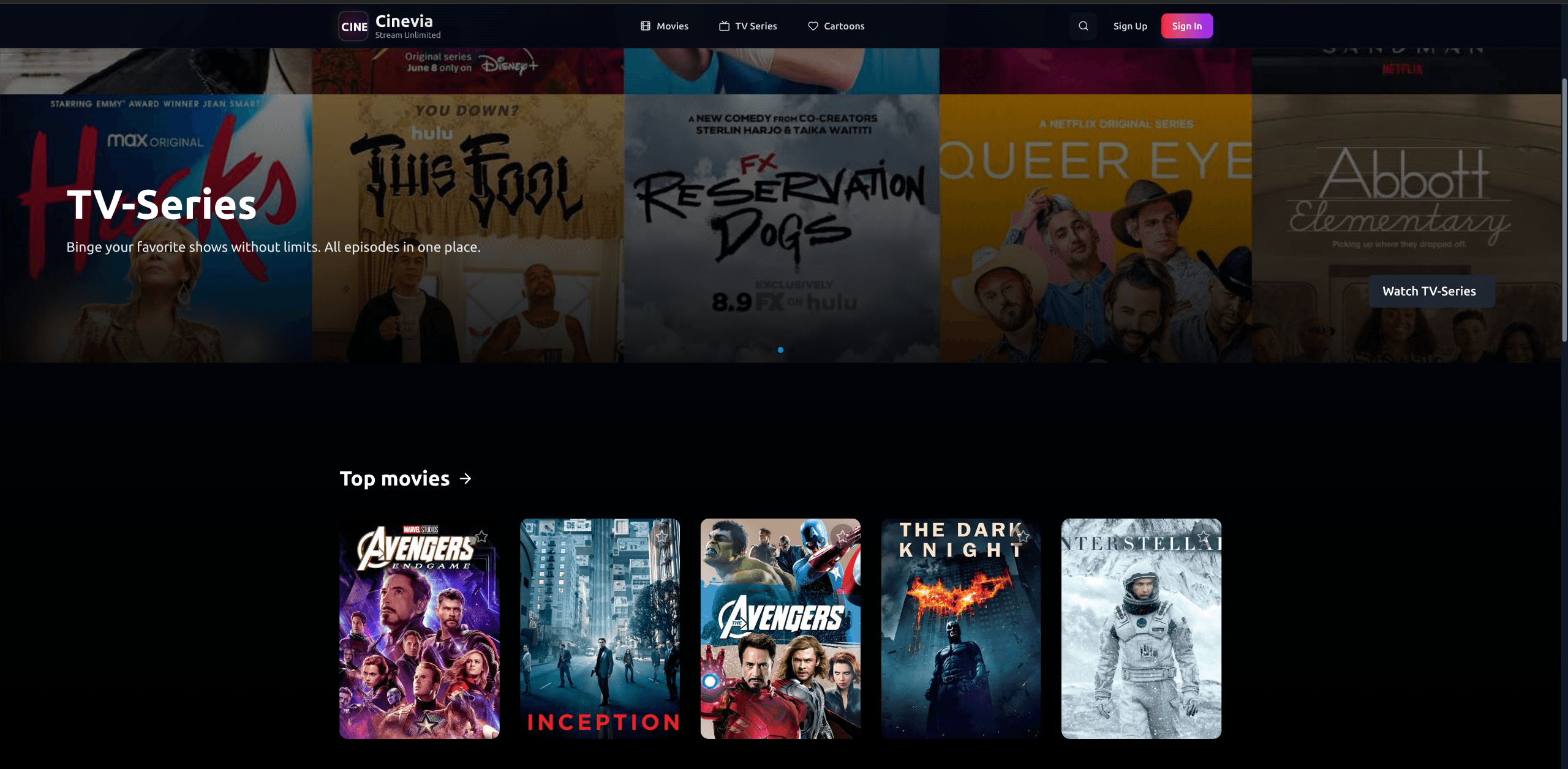 Cinevia Web App - Frontend for Cinevia — a free online movie streaming platform. Users can browse, search, and watch movies with a fast and responsive interface.